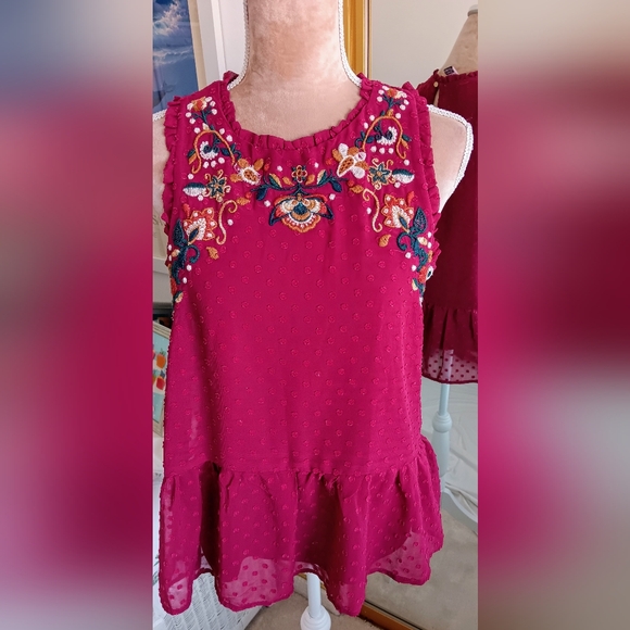 Love On A Hangar~Pink Colorful Embroidered Swiss Dot Ruffle Tank Top - Picture 1 of 9